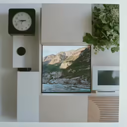 a clock on the wall over a photo and desk with flowers
