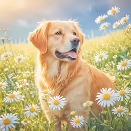 a large dog sits in a field of daisy flowers