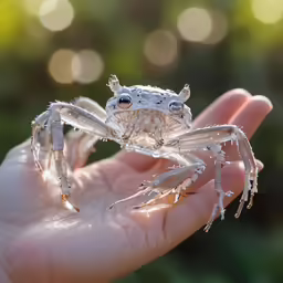 a tiny white spider sitting on the palm of someone