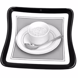 a tablet with a coffee cup and saucer on the top