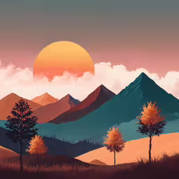 an image of a mountain with trees at sunset,a sunset over mountains with trees in the foreground