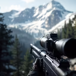 a person aiming at something with mountains in the background