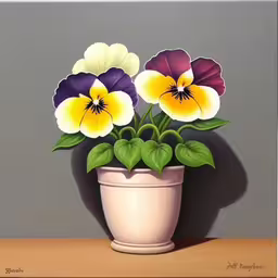 painting of three flowers in the shape of a pot,flowers are sitting in a pot on the table