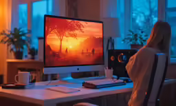 a woman sitting in front of a desktop computer