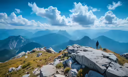 man standing on top of a mountain overlooking the valley below