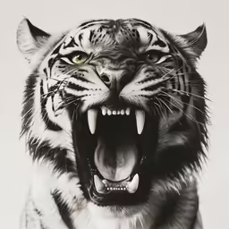 an open mouthed white tiger roaring in white background