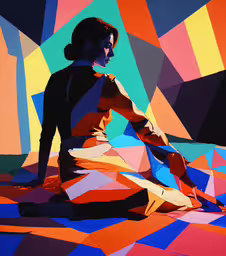 a painting of a person sitting on a blanket and in a shirt with a tie on,painting of a woman in a bathing suit in the middle of the picture