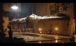a bed with one person laying down, surrounded by candles