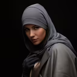 a woman in grey headscarf and scarf in a dark background