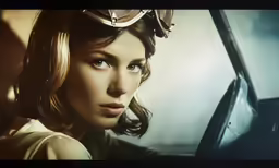 a girl in an automobile with a steam clock in her face