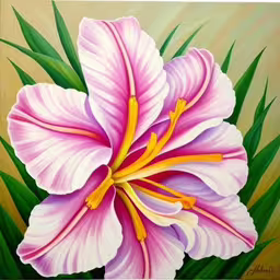 a painting of a pink flower with green leaves,the painting is very colorful, and it has large flowers,a painting of pink flowers in pastel,a large flower is on a colorful painting,painting a flower with pastel paints by artist barbara lee