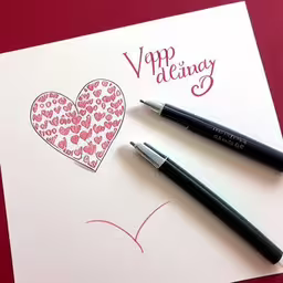 a card with two pens and a pen,two pens sitting next to a paper with a drawing of a heart