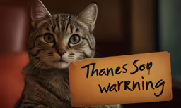 a striped cat with a sign that reads, thames sop warning