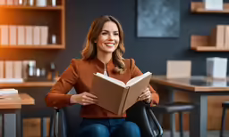 a woman is reading a book at her desk