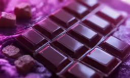 an array of chocolates sit on a purple fabric