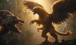 two creature species with wings and tail feathers attacking each other