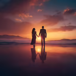 a man and woman standing on top of a beach
