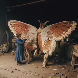 woman in blue coat standing next to large owl shaped sculpture