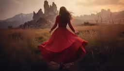 the woman is walking on the grass with a long red dress