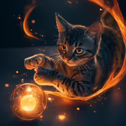 a small kitten with a glowing light beside it