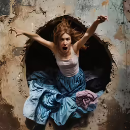 the girl is holding out her arms to escape from the hole