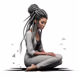 a black woman wearing grey sits on the floor