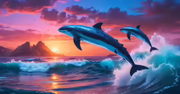 two dolphins jump out of the ocean at sunset