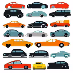 some classic cars are arranged in a series,the car groups are all different colors,a group of vintage cars in different colors,a poster depicting an assortment of colorful cars,various colored cars in rows, on white background