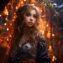a woman with brown hair is standing in front of some lights,a pretty lady with long hair in a dress