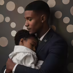 a man holding a child on the shoulder