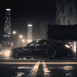 two cars in the middle of a city street at night