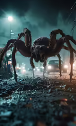 a large spider sitting in the middle of the street