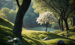 there is a white tree in the middle of a field
