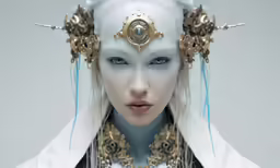 a woman with large eyes and blue and gold hair