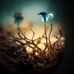 two blue mushrooms that are on some dirt