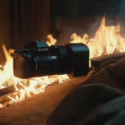 a camera being set on fire in front of a mirror
