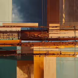 colorful abstract background with metal bars that form a grid,various colored metal structures with clouds and sky in background