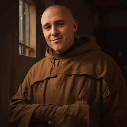 a bald man standing in front of a window