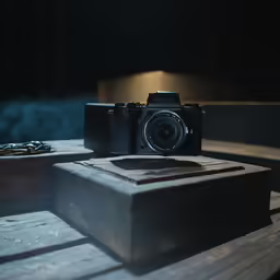 a camera set on top of a wooden block