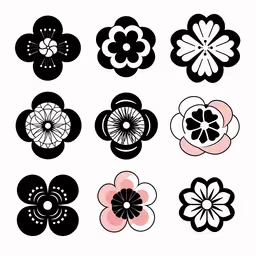 a collection of flower designs with black and white flowers,six stylized flower icons with a white background
