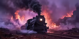 a train rolls along the tracks in front of many smokey clouds