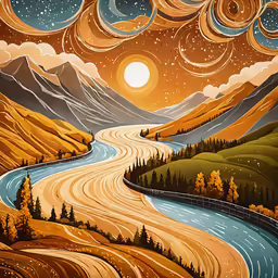 a painting of a valley, the road to nowhere