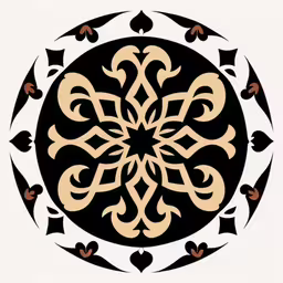 an image of a decorative circle in black and white,a stylized design in a circular design,the pattern is done in black and tan,a circular motif with small leaf design in the middle,an artistic design with black and gold