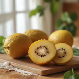 a couple of kiwi fruit are on a wooden board