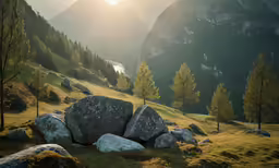 a landscape with rocks, trees and a lake