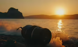a barrel sitting on the edge of the water