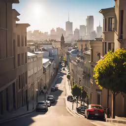 this street is busy with cars, and a view of the skyline