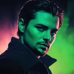 a man with dark eyes and a green background,the actor is posing for a photo with green light