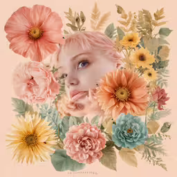 a portrait of a woman with bright pink hair surrounded by flowers,a beautiful woman surrounded by flowers and foliage