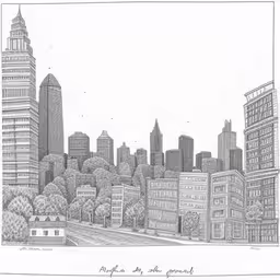 a drawing of a city that looks as if it is not in pencil,this drawing depicts the view of the city and trees,a drawing of a city, with trees in the foreground,an ink drawing of city buildings and trees,cityscape drawn with colored pencils on paper